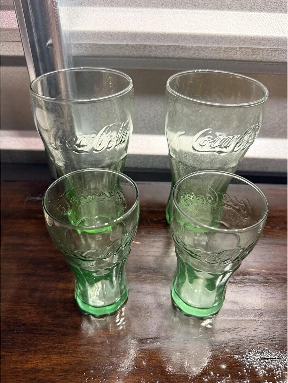 Lot of 4 Vintage Coca Cola Glasses 2.5 Shot, & 16 Oz. Green Indiana Coke Glass *